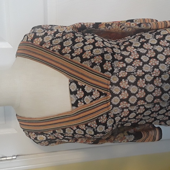 Angie boho gorgeous floral semi-sheer stripe tunic top tie back bell sleeve sz S - Picture 6 of 17